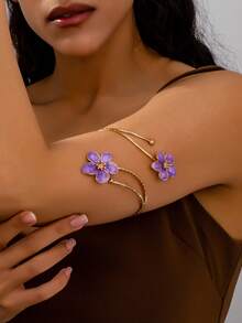 1pc Elegant & Cute Flower Oil Drop Arm Cuff Bracelet, Suitable For Women's Vacation, Daily Wear - Purple - View 1