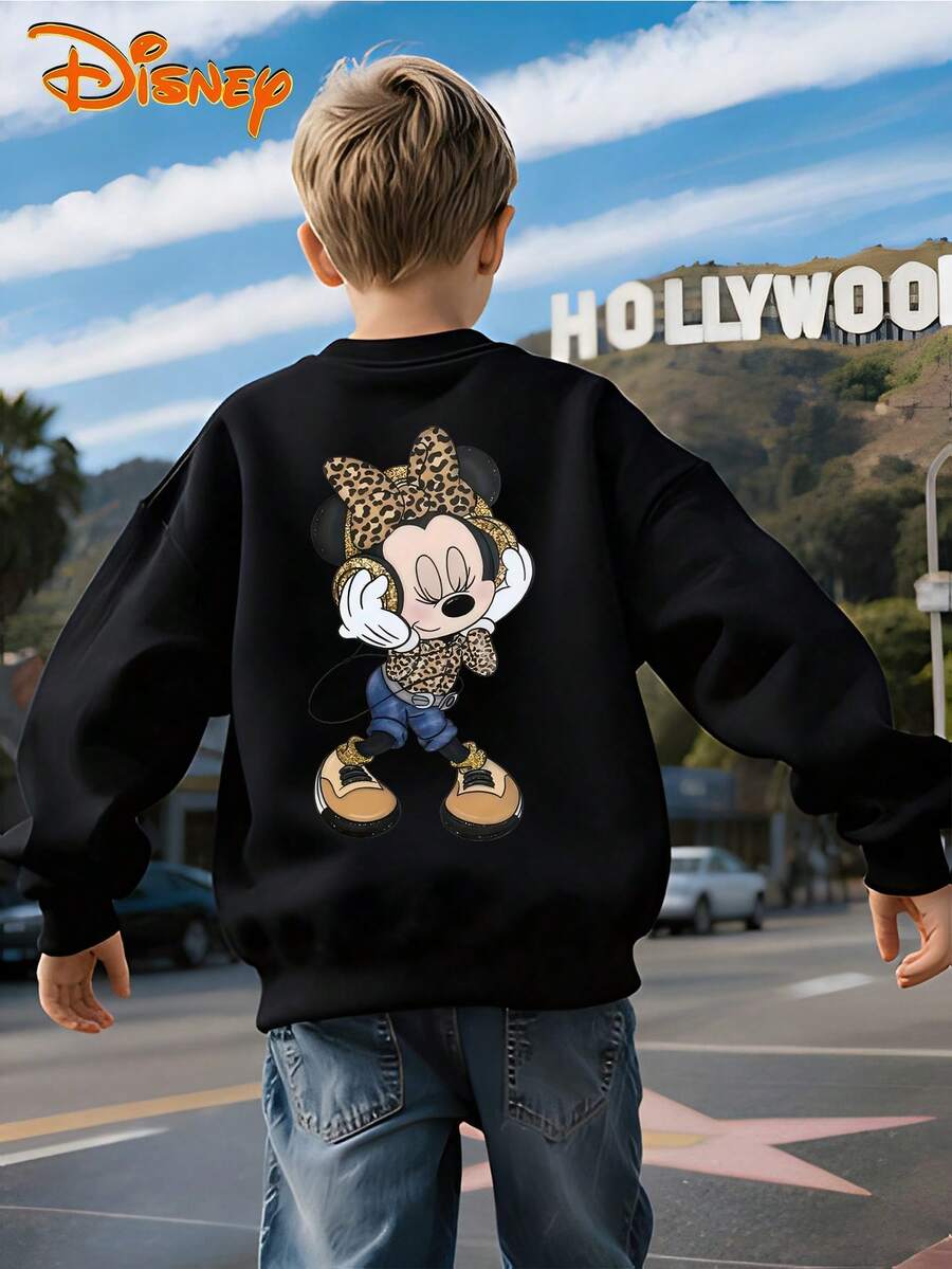 Disney Minnie Mouse Leopard Print Black Crewneck Sweatshirt, Edgy Animal Print Design, Double-Sided Design, Soft Fleece Lining, Oversized Fit, Casual Style, Perfect For Kids & Fans, Unisex - màu đen - Xem 1