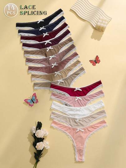 14 piezas Bragas tipo tanga cómodas de mujer con aplicaciones de encaje
