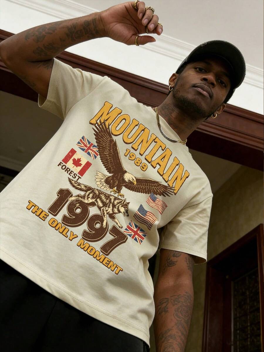 Men's Minimalist Eagle Print Round Neck Short Sleeve T-Shirt, Summer - Khaki - View 1