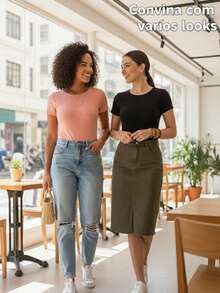 Set Of 2 Women's Short-Sleeved Elegant Bodysuits In Supplex Fabric. Stylish Casual Look, Comfortable Bodysuit, Basic And Stylish Fashion. Simple, Casual, Knit Fabric. - 黑鮭魚 - 查看 4