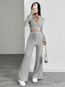 Set de 2 piezas: Top ajustado de manga larga con media cremallera en gris y cinturón ancho & Pantalones de pierna ancha, conjunto de ropa casual y de moda para primavera - gris medio - Ver 4