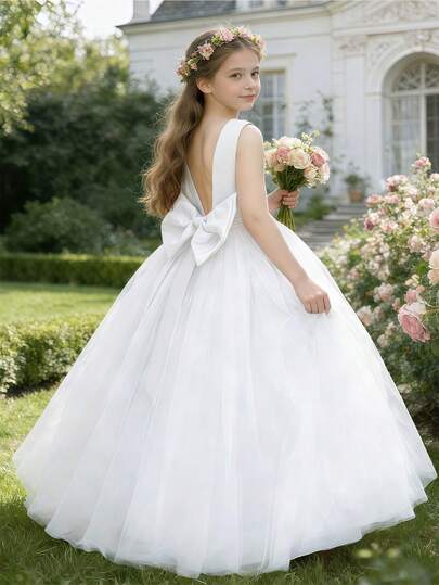 Tween Girl Elegant Bowknot Tulle Formal Dress, Perfect For Wedding & Evening Party