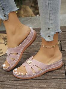 Damen Sandalen in Große Größen, Sommer Neue Mode Lässig Weinrot & Schwarz Patchwork Runde Zehenkappe Plateau Dicke Sohle Slip-On, Komfortabel für Alltag/Strand - Rosa gefrostet - Übersicht 4