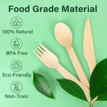 Bộ dao nĩa phân hủy sinh học 300 món - 100 dĩa, 100 thìa, 100 dao, bộ dụng cụ bằng gỗ bạch dương không dăm, thích hợp cho tiệc tùng, đám cưới, tiệc nướng. - Màu be - Xem 3