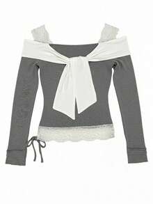 Women Off Shoulder Lace Trim Long Sleeve T-Shirt, Layering Blouse - Grey - View 10