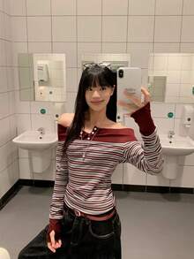 American Contrast Stripe Off-Shoulder Long Sleeve T-Shirt, Slim Fit Elegant Women Top For Early Spring - Burgundy - View 3