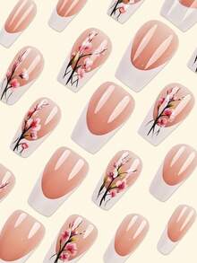 24pcs Medium Almond Shaped Artificial Nails, Cherry Blossom Pattern, White French Tip, Pink Floral Print, Suitable For Sweet, Cute, Minimalist, Elegant Style, Fit For Holidays, Parties, Dates, Daily Wear. Set Includes 1 Jelly Gel And 1 Nail File. - Multicolor - View 2