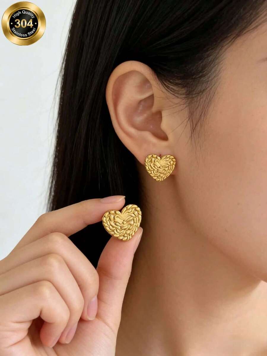 Retro Texture Stainless Steel Earrings Gentle Atmosphere Heart Pearl Stud Earrings Valentine's Day Gifts For Men Valentine's Day Gifts Valentine's Day Gifts Stainless Steel Earrings Stainless Steel Jewelry Stainless Steel Costume Jewelry - Gold - View 1