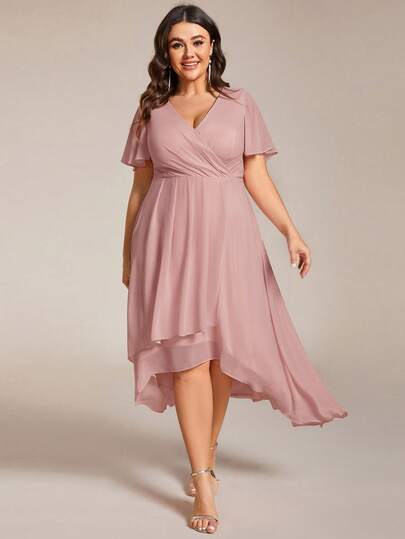 EVERPRETTY Plus Size Summer Elegant Chiffon V Neck Chest Pleated Pink Bridesmaid Dress Wedding Guest Dress Soft High And Low Ruffled Hem Dress Suitable For Wedding Formal Dinners Occasions