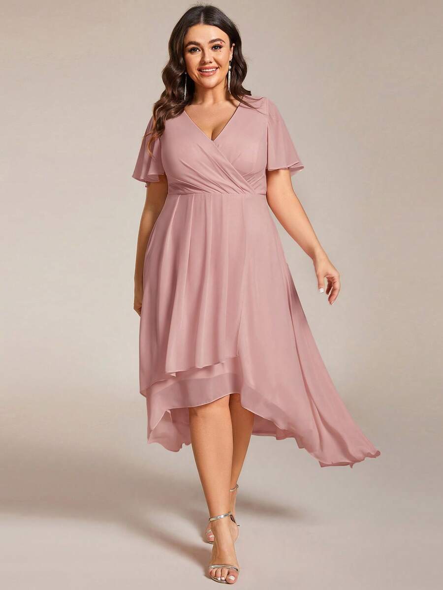 EVERPRETTY Plus Size Elegant Chiffon V-Neck Ruched Front Bridesmaid Dress, Soft High-Low Ruffle Hem Pink Formal Gown Suitable For Wedding Guests, Formal Dinner