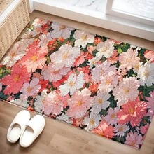 2D粉色花卉图案地毯，柔软地垫，适用于入口、门廊、室内 - 可水洗地毯，适用于客厅、浴室、卧室、游戏室、洗衣房、宿舍装饰 - 彩色 - 查看 4