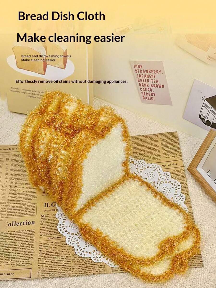 1pc Creative Bread-Shaped Dishcloth, Thickened, Non-Abrasive, Grease-Removing, Handwoven, Suitable For Kitchen, Dishwashing, Cleaning, Essential Dishcloth - Multicolor - View 1