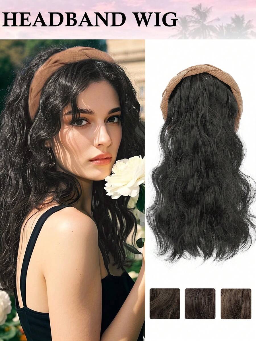 12 Inch Brown Curly Wig With Headband, Wavy Design Synthetic Fiber Half Wig, Suitable For Women's Daily Wear - Multicolor - View 1