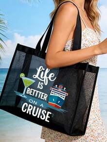 Nautical Style "Cruising Life Is Better" Mesh Tote Bag Set, Cruise Ship Theme, Reusable Lightweight Fabric Shoulder Bag With Portable Makeup Bag, Suitable For Daily Commuting, Travel, And Holiday Parties,Camping, Cruise Vacations, Beach, Ocean And Everyday Use, A Gift For Cruise Enthusiasts - Multicolor - View 3