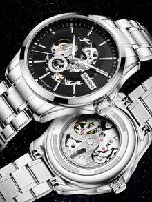 1 pieza Reloj automático mecánico de esqueleto para hombre, correa de acero inoxidable, resistente al agua 30M, reloj de pulsera casual de negocios, cristal recubierto FW-6140 - Unitalla - Ver 8