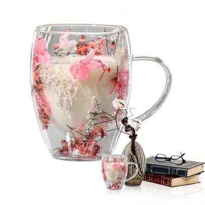 1pc Unique Double-Layer Glass Decorative Dried Flower Insulated Handle Creative Milk/Juice Cup, Elegant Gift For Women Suitable For National Day, Back To School, Opening Ceremony, Saudi Coffee Cup, Summer Coffee Cup, Pink Mug, Valentine''s Day Gift