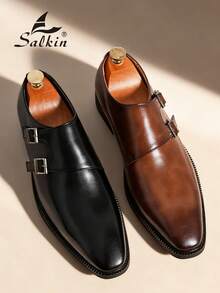Classic Retro Men's Monk Strap Leather Dress Shoes, Pointed Toe Double Buckle Slip-On Loafers, Gentleman Formal Shoes Suitable For Middle-Aged, Young, Students Back To School, Graduation Ceremony, Office, Party, Wedding, Bridegroom, Spring/Summer/Autumn, Plus Size Formal/Business Formal - Double Buckle Monk Dress Shoes - View 2