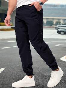 Shendy Vendy Men's Loose Drawstring Elastic Waist Cuffed Jogger Pants With Slant Pockets - 藏蓝色 - 查看 3
