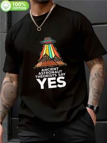 Camiseta de Algodón con Gráfico de Pirámide UFO para Hombre - Ultra Suave y Transpirable, 100% Algodón. Camiseta de cuello redondo de ajuste cómodo que absorbe la humedad con estampado "Los teóricos antiguos dicen que sí" - Estilo urbano, informal, para verano, actividades al aire  senderismo, para hombres y parejas. Equipo de Senderismo. Tela que absorbe la humedad - Negro - Ver 7