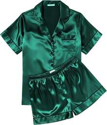¡Recomendado¡Conjunto de Pijama de Seda Satinada para Mujer , Suave, de Manga Corta, con Botones, Top y Pantalones Cortos, Conjunto de 2 Piezas para Dormir y Relajarse, Tallas S-XXL¡Top de Temporada! - Verde Oscuro - Ver 7