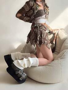 1 Pair Spring/Summer Thin Sweet & Spicy Calf Leg Warmers, Knitted Dystopian Y2K Style, Japanese JK Millennium Subculture Distressed Knit White/Grey/Black Leg Warmers, Collegiate Slimming Versatile Sock Covers - Multicolor - View 8