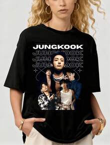 BTS Jung Kook Dark Blue Vintage Collage Graphic Summer Cotton Casual Short Sleeve T-Shirt - 黑色 - 查看 1