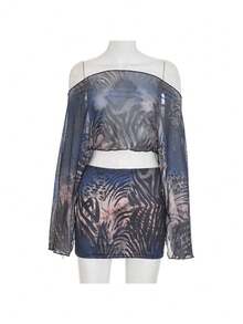 Women's Sexy Tiger Print Sheer Mesh Off Shoulder Long Sleeve Top Bodycon Mini Skirt 2 Piece Matching Set - màu đen - Xem 9