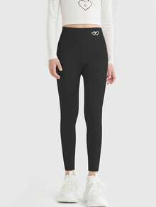 Girls' High Waist Heart Print Leggings, Snug Fit Shark Skin Pants, Comfortable Yoga Pants, Slim Fit Casual Cropped Trousers For Young Girl - Black - View 1