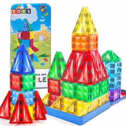 Bộ xếp hình nam châm mini hình kính màu kim cương (26-40 mảnh) Đồ chơi xây dựng truyền sáng cho trẻ em, hộp đựng bằng sắt, khối xếp hình giáo dục tạo hình nhiều màu sắc