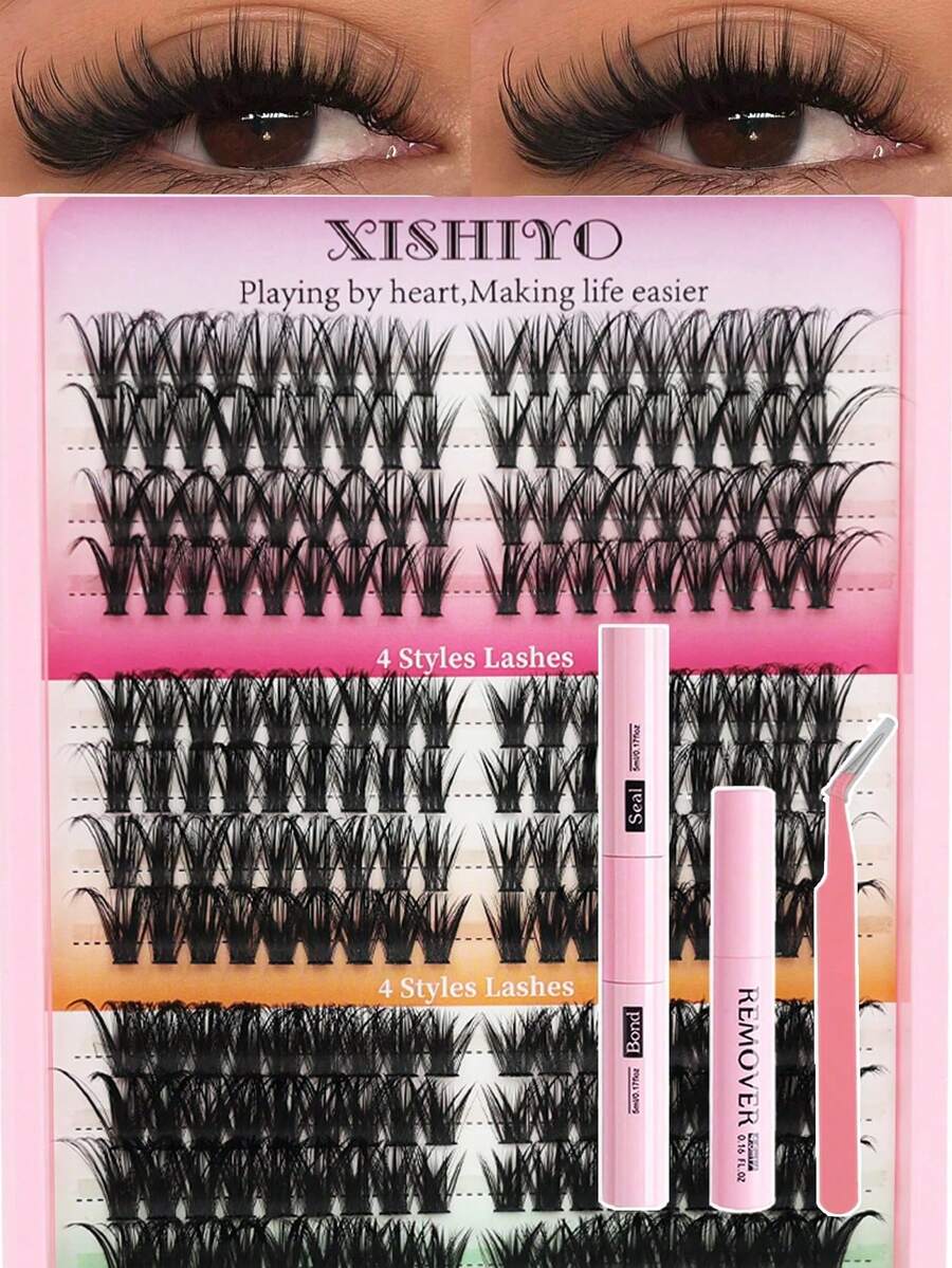 自然款假睫毛嫁接套装：288片假睫毛，单根假睫毛，含胶水和睫毛镊子，适合在家DIY嫁接睫毛。 - 彩色 - 查看 1