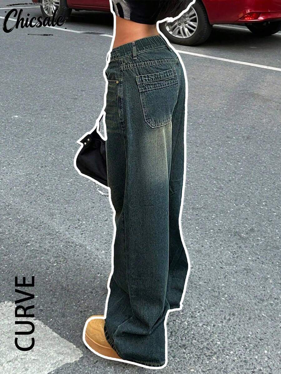 大码女式宽松直筒复古男友风牛仔裤 - 深色水洗藍 - 查看 1