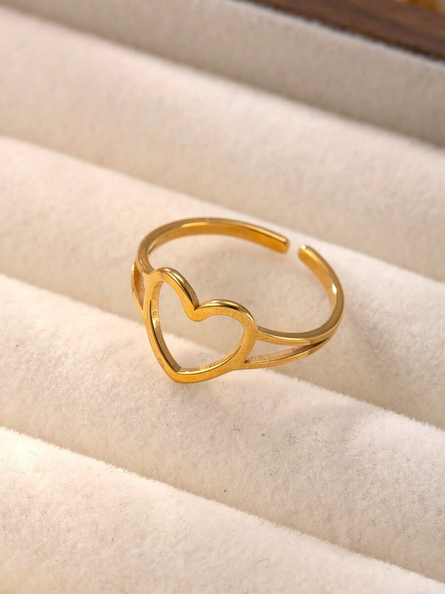 1pc Fashionable Minimalist 18K Gold Plated Stainless Steel Heart Shaped Open Ring, Suitable For Women's Daily Wear Or Gift - Yellow Gold - View 1