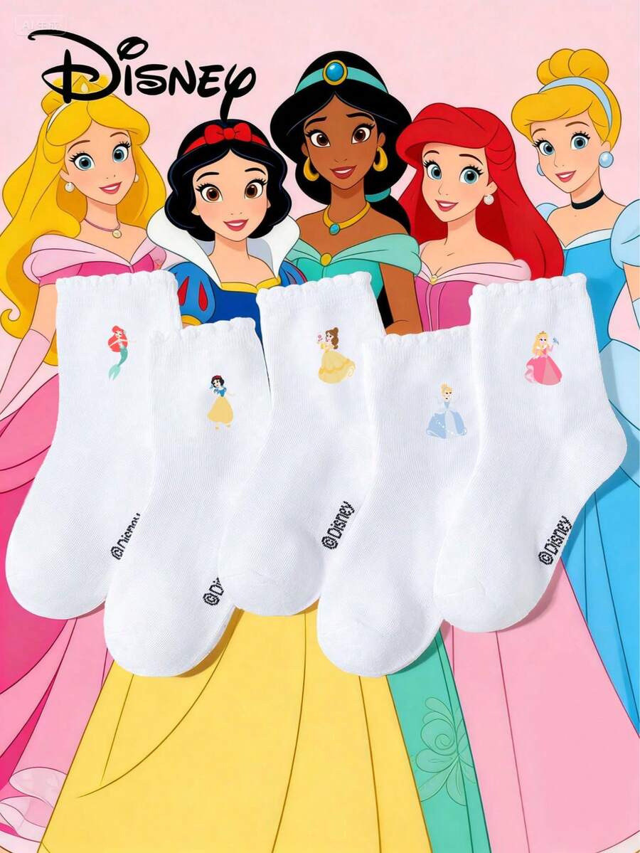 Disney 5双装/公主款儿童/女童白色蕾丝边袜子,可爱卡通公主/小鸟图案装饰,百搭可爱,透气舒适,吸湿排汗,柔软贴合,适合假期、郊游、上学、返校季穿着 - 白色 - 查看 1