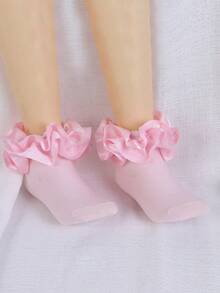 1 par de calcetines de algodón para niñas bebé con gran volante de encaje, calcetines de princesa de baile de encaje 3D - Rosa Fucsia - Ver 3