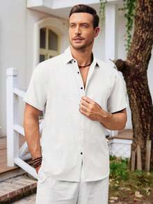 Mens Short Sleeve Linen Shirts Button Down Casual Summer Beach Tops For Daily Commute - trắng - Xem 2