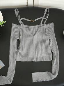 Nueva Blusa de Punto Ajustada con Cuello en V, Sin Mangas y Puños con Botones para Primavera/Verano - flor gris - Ver 7