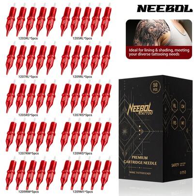  50Pcs Neebol Red Tattoo Cartridge Needles, Mixed Size Assorted, Including Round Liner, Shader, Curved/Round Mag, #12 Standard, With Specifications 3RL, 5RL, 7RL, 9RL, 5RS, 7RS, 9RS, 7RM, 9RM, 9M1. Tattoo Supplies And Equipment, Tattoo Gun Tattoo Pen Machine Kit, Body Art Makeup Gift