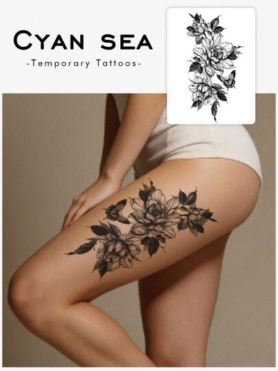 1张情人节临时纹身贴纸，Y2K风格蝴蝶牡丹花卉性感腿部设计，时尚手部和指甲艺术假纹身 - 临时纹身 - 适合生日、婚礼、派对装饰，持续3-5天。