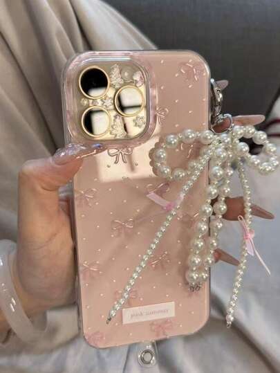 Cute Minimalist Pink Polka Dot Bow Faux Pearl Decor Chain 17 ProMax 17Pro 17 Air 17 16 15 14 13 12 11 Pro Max Plus Soft Protective Phone Case, Gift For Her