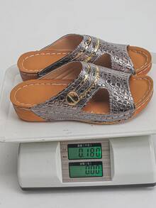 Plus Size 36-45 European And American Casual Black Slip-On Sandals, Women's New Summer Thick Bottom Wedge Sandals, Non-Slip Comfortable Beach Holiday Casual Sandals - Gunmetal Crocodile Pattern - View 9