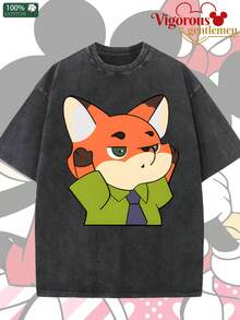 Disney Zootopia Judy Hopps And Nick Wilde Couple Vintage Washed T-Shirts  180g Washed Cotton Mickey And Minnie Flower Bouquet Loose Short-Sleeved Couple's Outfit - 黑色 2 - 查看 2