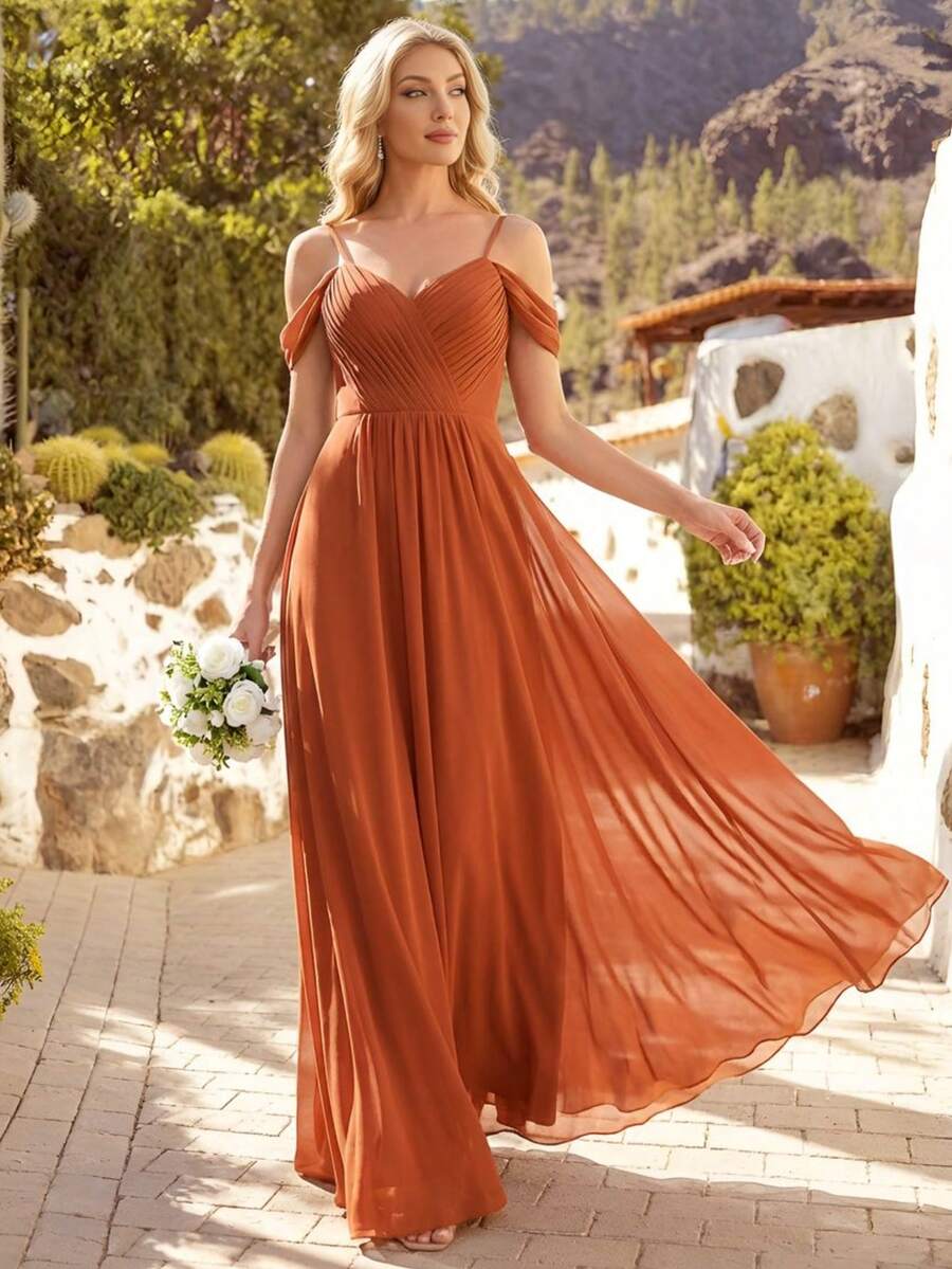 EVERPRETTY Elegant Solid Color V-Neck Pleated Applique Dress, Suitable For Bridesmaid, Wedding, Birthday, Formal Events, Parties, Spring/Summer
