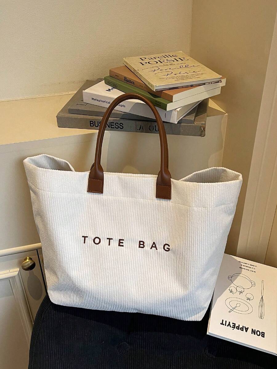 极简休闲托特包，大容量多功能手提包，条纹简约舒适字母手提包，小众设计腋下包，短途旅行购物通勤包 - 彩色 - 查看 1