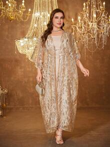 SUPGIR [随机印花] 大码女式长袖亮片拼接腰带晚礼服 春季款 - 香檳色 - 查看 3