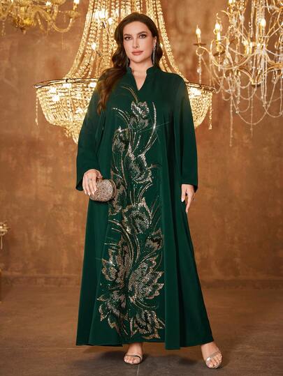  SUPGIR Plus Size Women Round Neck Long Sleeve Sequin Patchwork Satin Elegant Evening Dress