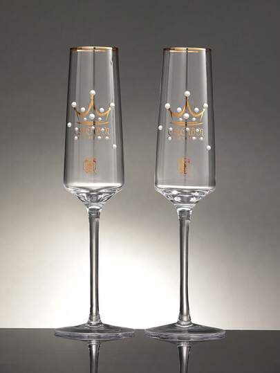 2pcs Crystal Stemmed Red Wine & Champagne Glasses, Glass Drinkware With Pearl Crown Design, Suitable For Home, Restaurant, Bar, Wedding, Holiday Gifts, Romantic Present