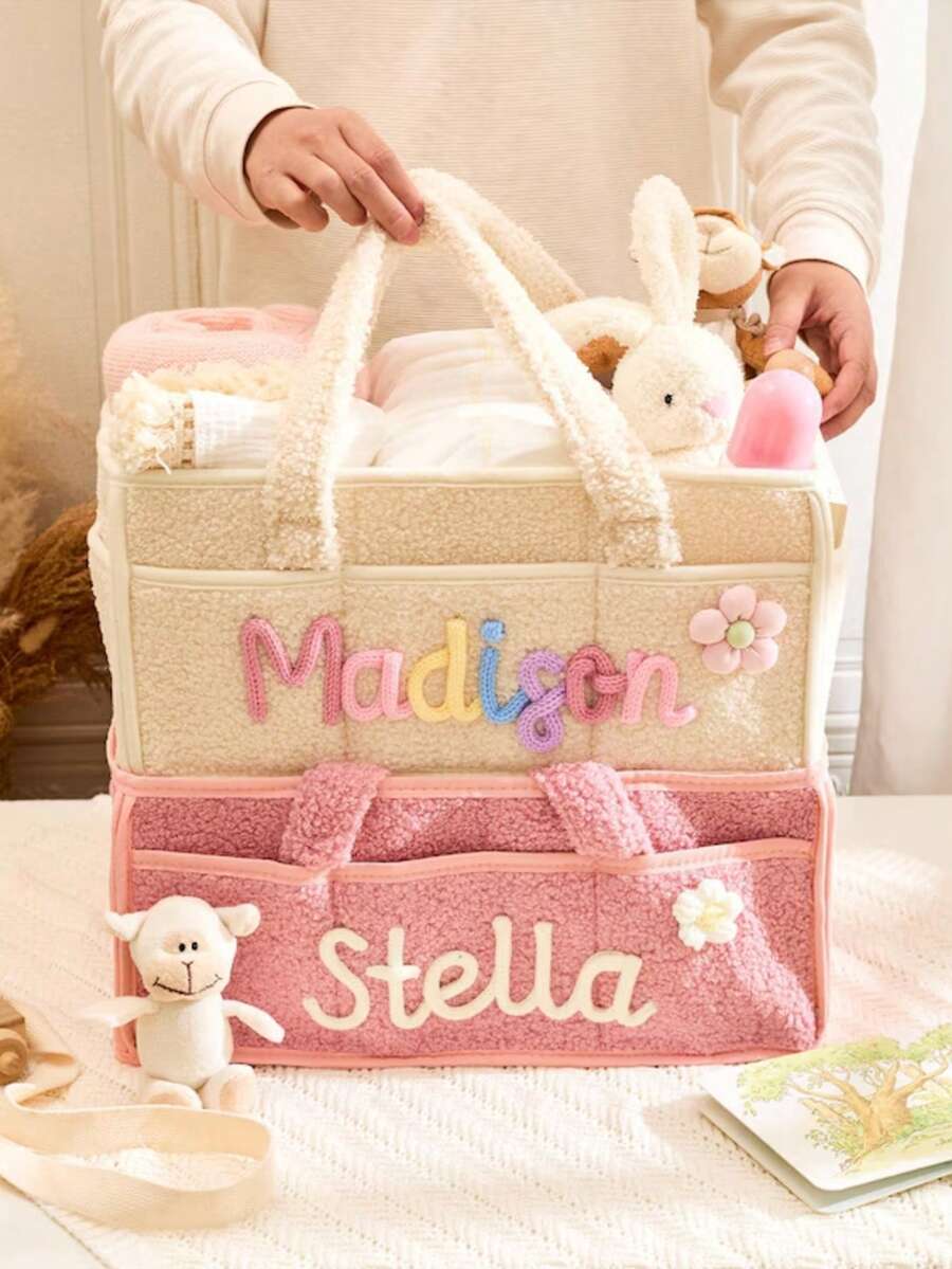 Kotak Penyimpanan Popok Bayi yang Dipersonalisasi, Nama Bordir Kustom, Keranjang Penyimpanan Kamar Bayi dengan Kantong Samping, Keranjang Penyimpanan Bayi Mewah yang Dipersonalisasi, Kotak Pengatur Kamar Bayi - MultiWarna - View 1