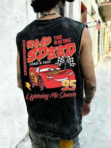 Disney UNIHLO  Lightning McQueen  Classic Printed Vest, 230g Pure Cotton, High-Quality Wax Printed Cotton Retro Fashion Brand T-Shirt, Men's Vest, Beach, Summer Hot Item, Holiday Gift, Perfect Gift. - 黑色 - 查看 2