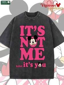Disney Mickey And Minnie It's Not Me It's You Couple Vintage Washed T-Shirts 180g Washed Cotton Mickey And Minnie Flower Bouquet Loose Short-Sleeved Couple's Outfit - 黑色 2 - 查看 2